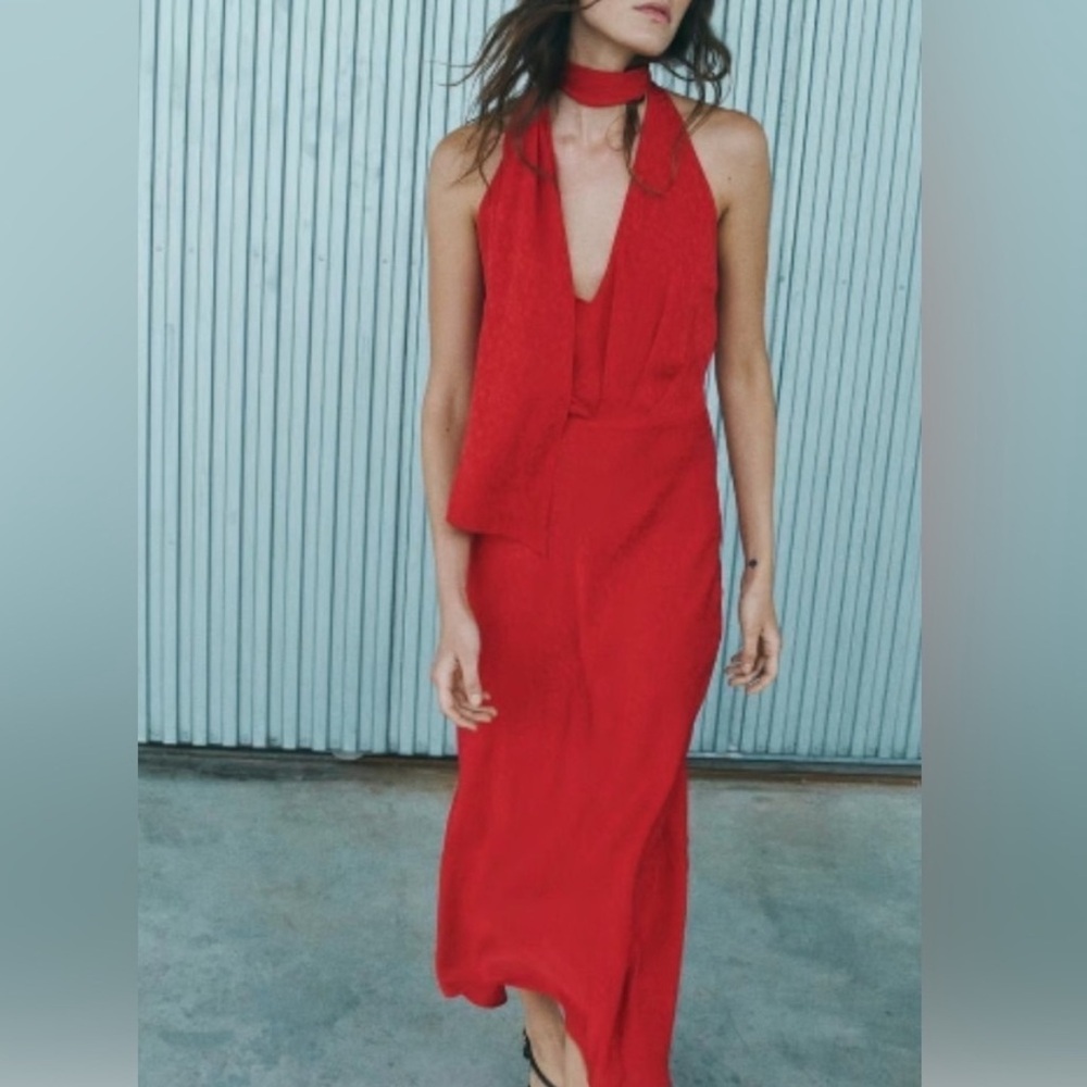 Zara Red Halter Midi Dress With Attached Scarf V-Neck  MEDIUM KHAITE Toteme vibe